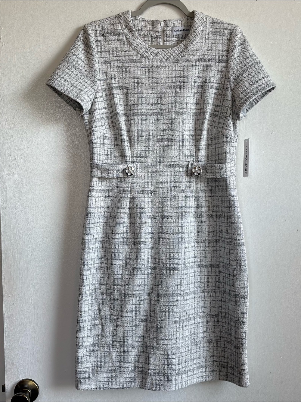 Shelby & Palmer Gray White Plaid Tweed Sheath Round Neck Zip Dress 8